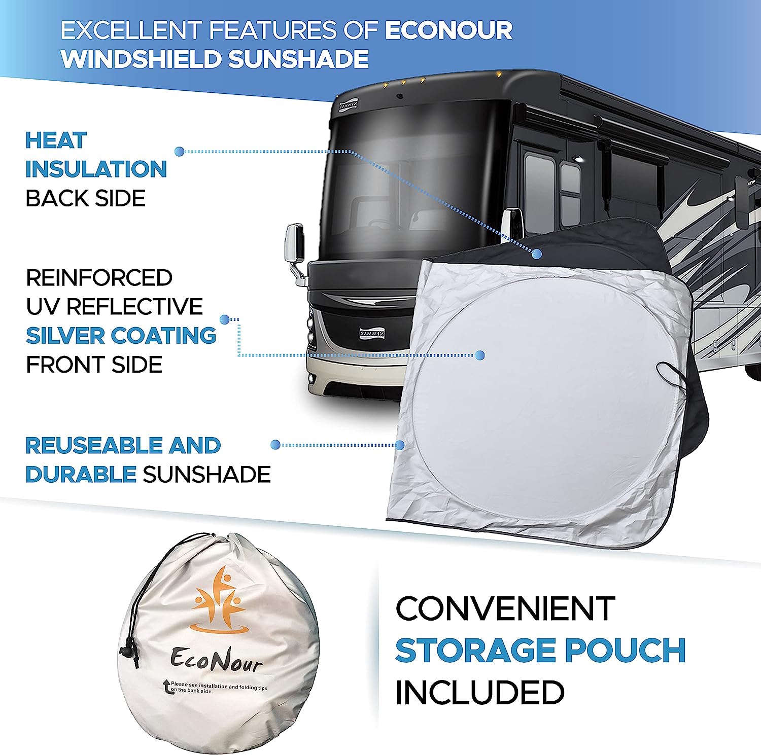 EcoNour RV Windshield Sunshade | Reflective RV Windshield Cover for UV Rays &amp; Heat Protection, Keeps Your RV Motorhome Cool | Shades for RV Fits RVs, Trucks, Motorhomes, Buses