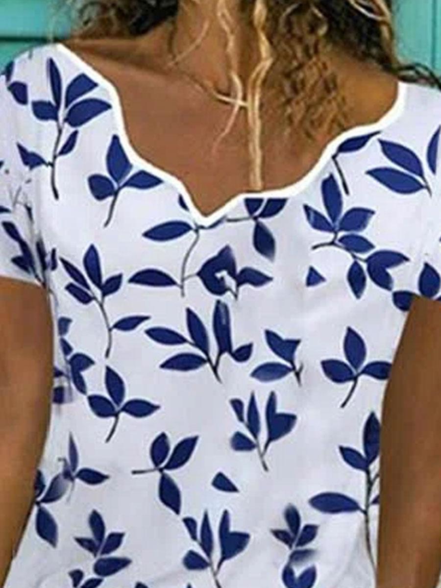V-neck Leaf Print Loose Short-sleeved T-shirt