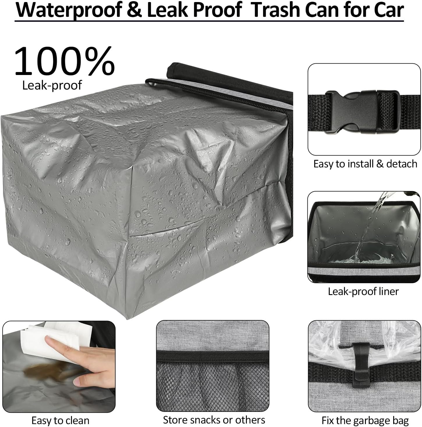 ELONGRIVER Car Trash Can Bin for Car Back Seat Leak Proof, Cute Car Trash Bag Hanging, Vehicle Trash Can for SUV Truck Van, Automotive Car Garbage Cans Front Seat Grey