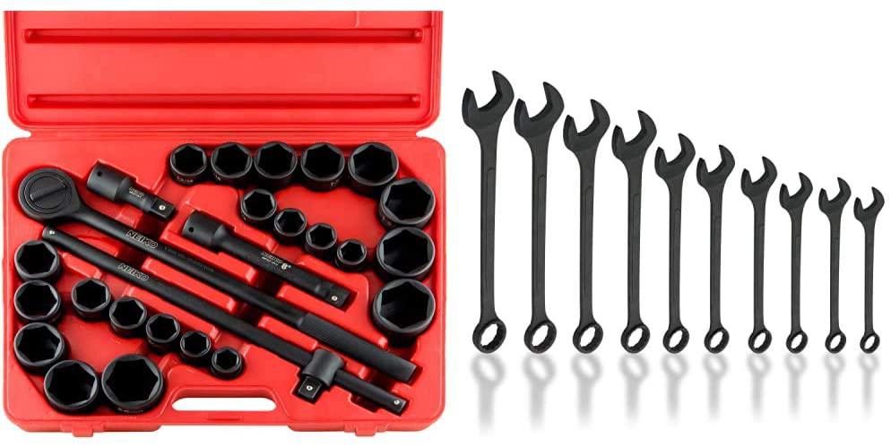 Neiko 02499A 3/4" Drive Jumbo  Impact Socket Set, 27 Piece Shallow Socket Assortment | Standard SAE and Metric Sizes &amp; 03129A Jumbo Combination Wrench Set, 10 Piece