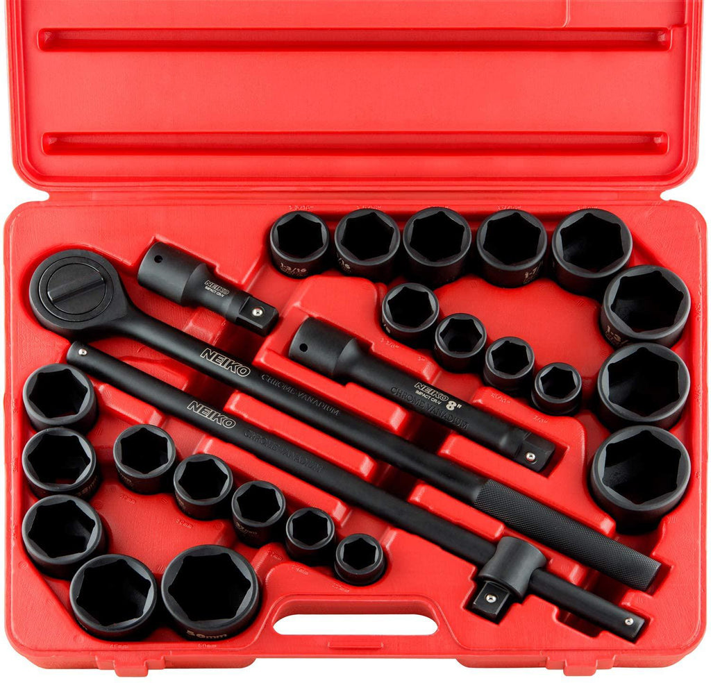 Neiko 02499A 3/4" Drive Jumbo  Impact Socket Set, 27 Piece Shallow Socket Assortment | Standard SAE and Metric Sizes &amp; 03129A Jumbo Combination Wrench Set, 10 Piece
