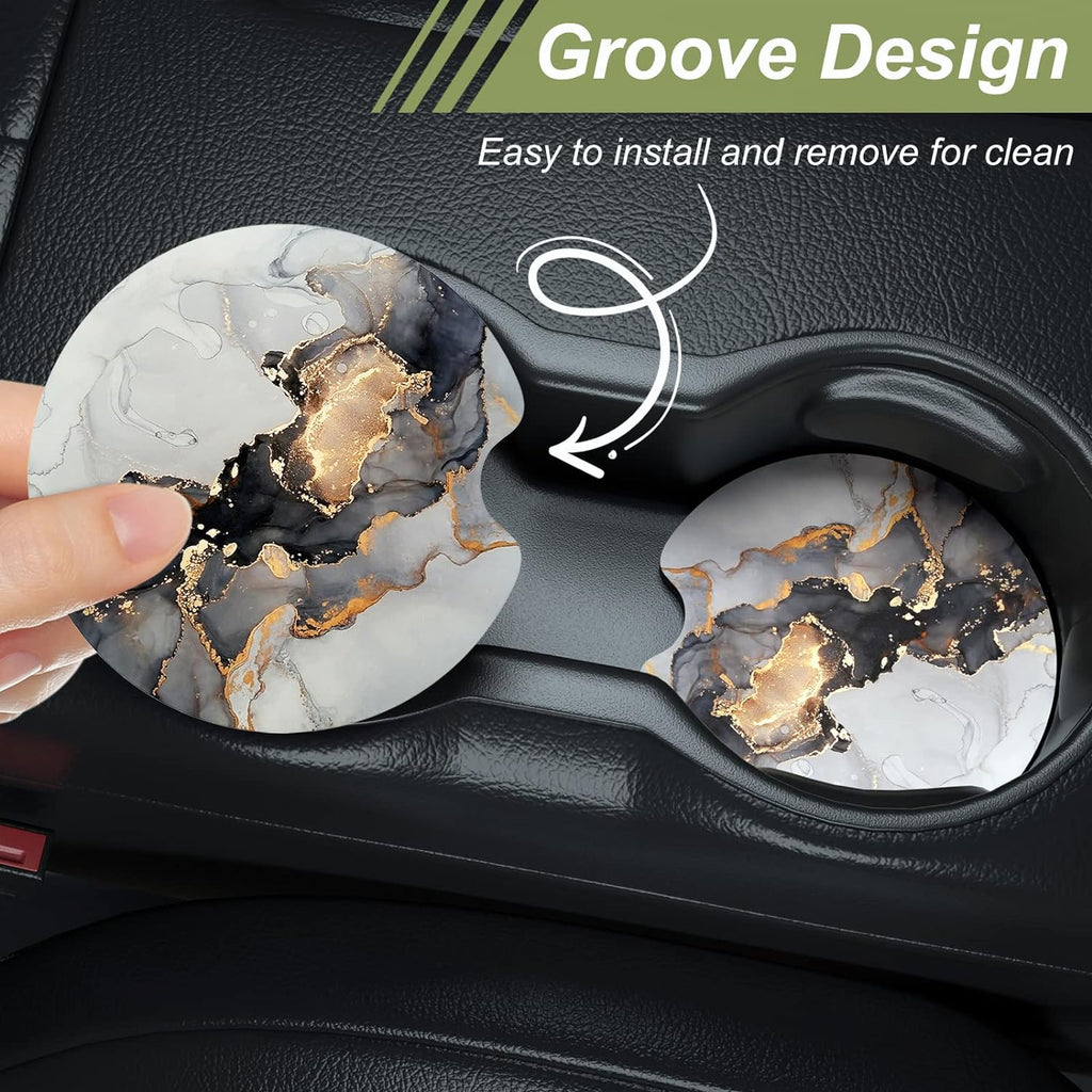 Nipichsha Car Cup Holder Coasters, Car Coasters for Cup Holders, 2 Pack Anti Slip Insert Coasters, Rubber Car Cup Mat with A Finger Notch, Cute Car Interior Accessories for Women Men(Gray Gold Marble)