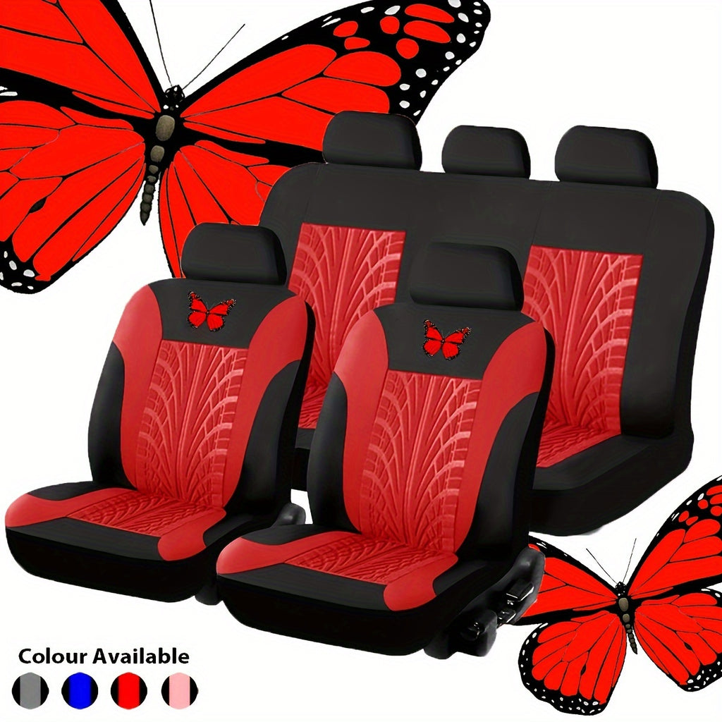 Car Seat Cover Full Set, Red Universal Butterfly Pattern Embroidery Auto Seat Cover Set