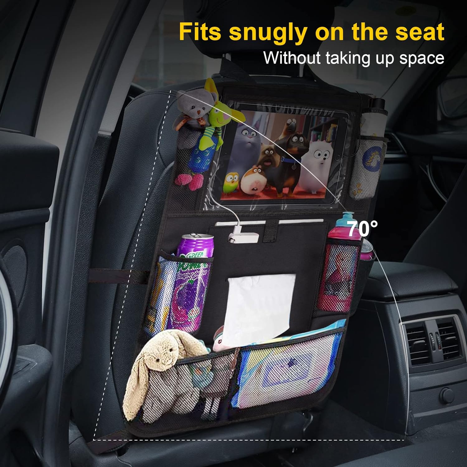 Backseat Car Organizer 2 PCS,Car Storage Organizer with Touch Tablet Holder Tissue Box Seat Back Protectors with 8 Storage Pockets Earphone/Charging Hole,Travel Accessories,Road Trip Essential Kids