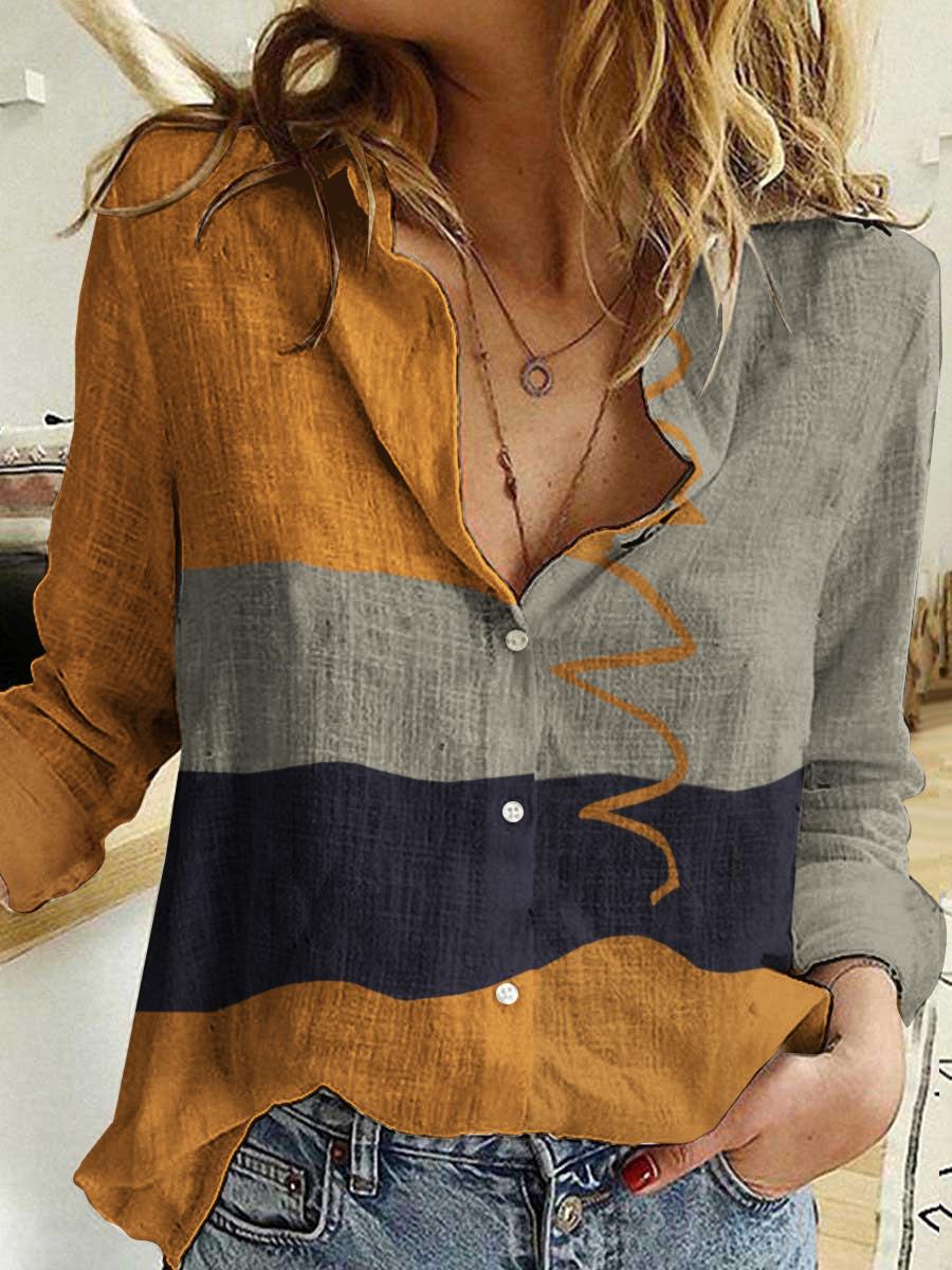 Loose Casual Color Block Printed Long Sleeve Blouse