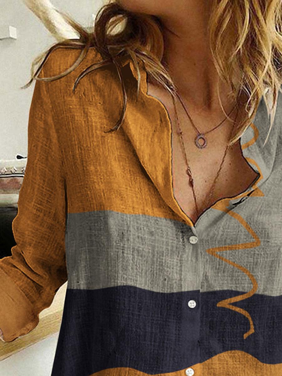 Loose Casual Color Block Printed Long Sleeve Blouse