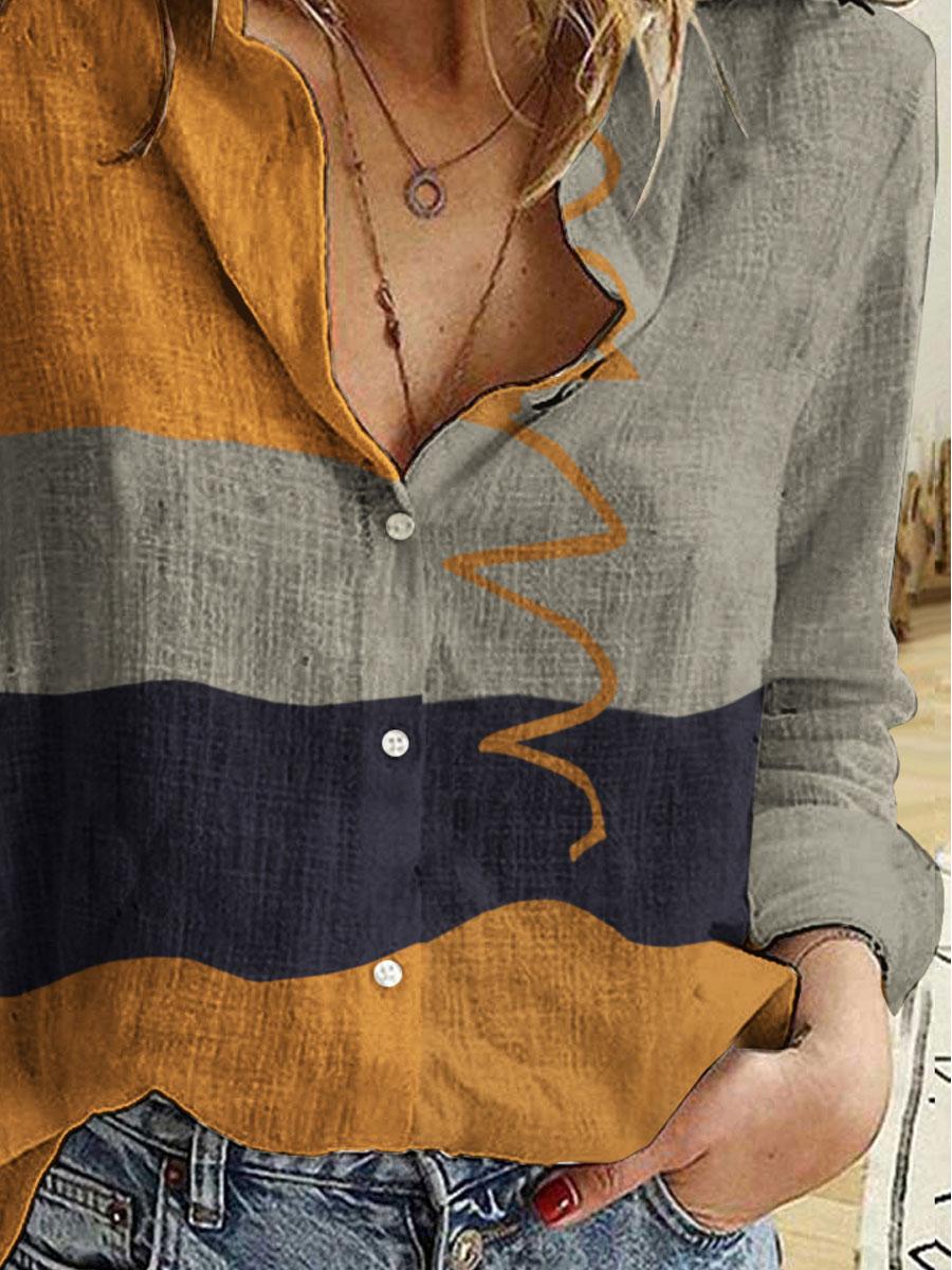 Loose Casual Color Block Printed Long Sleeve Blouse
