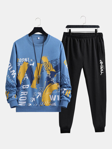 mens letter brush stroke print crew neck street two pieces outfits