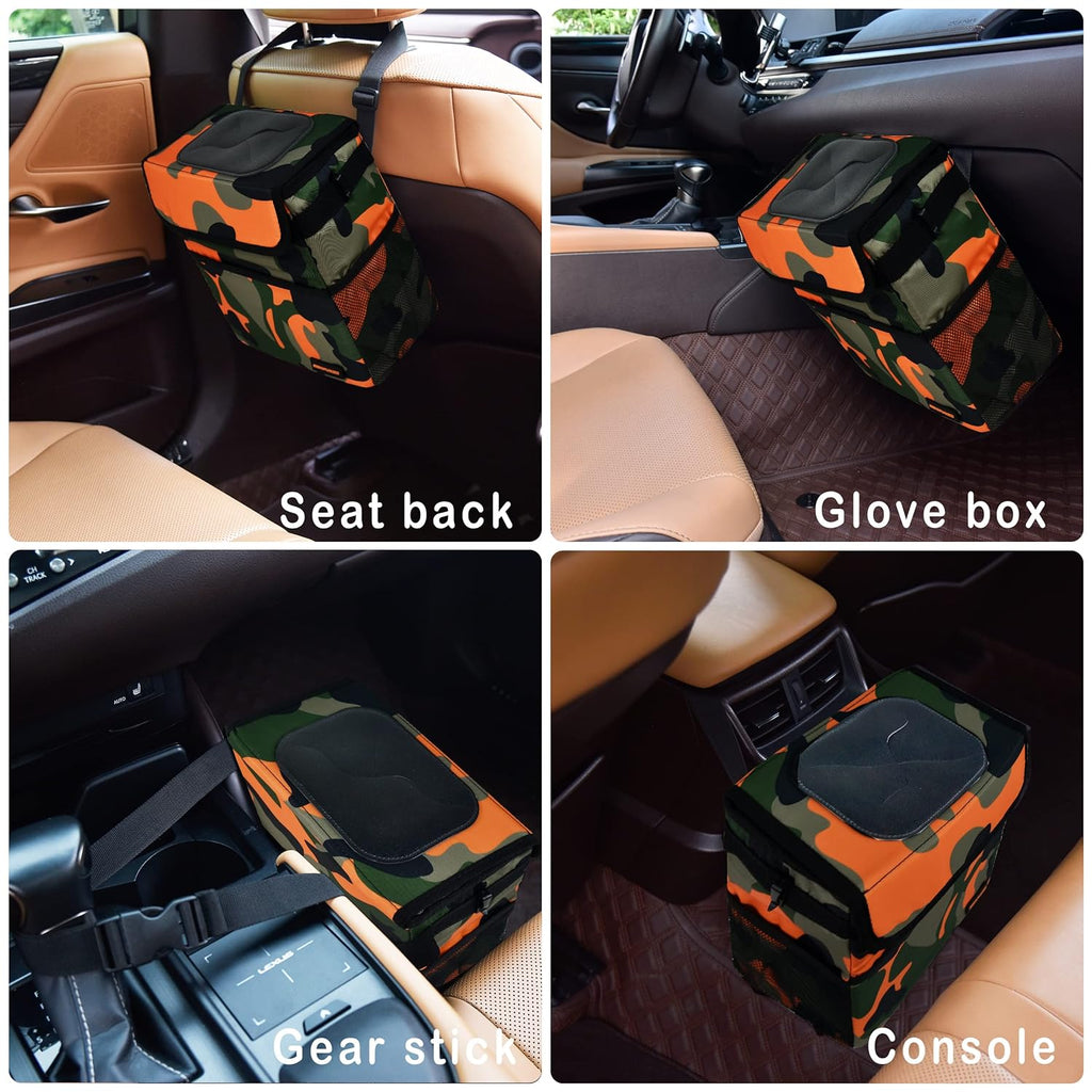 SIBOFUEGO Cute Car Trash Can with Lid - Leak Proof Car Trash Bag Hanging Waterproof Car Garbage Can with Storage Pockets Multipurpose Collapsible Car Organizer (Camo Orange)
