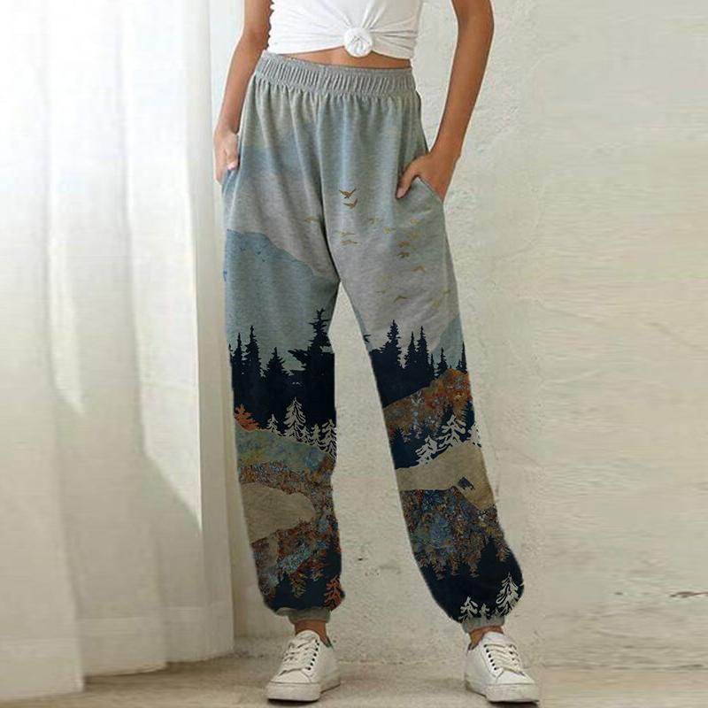 Ladies Mountain Treetop Print  Loose Sweatpants