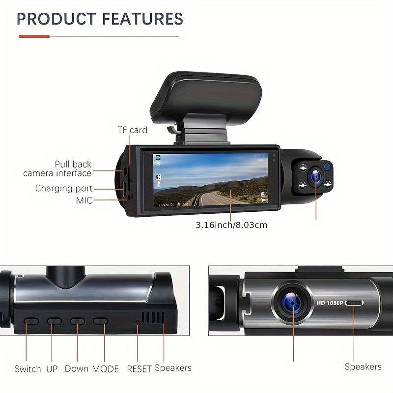 High-definition Front And Rear Dual-lens Car-mounted Driving Recorder With 3.16-inch IPS High-definition Screen