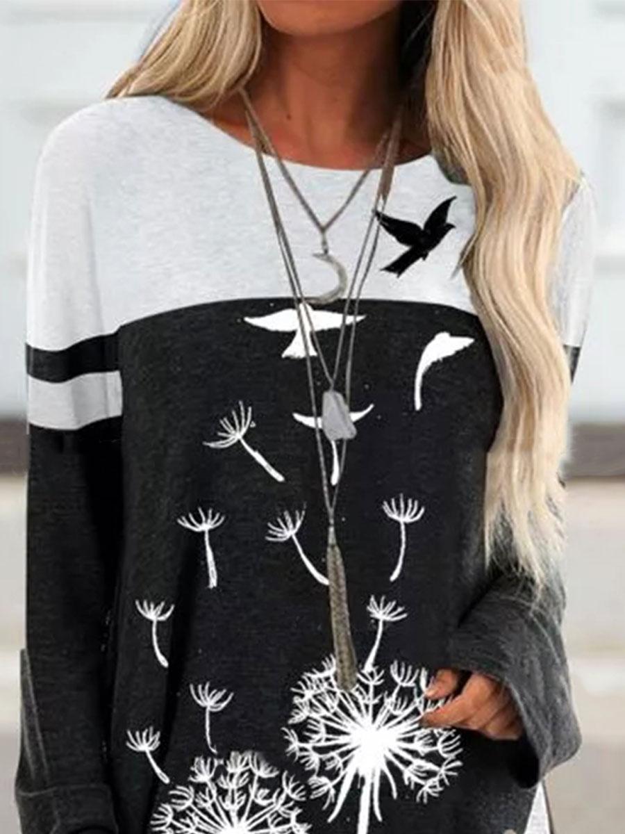 Fashion Dandelion Print Round Neck Long Sleeve Casual T-shirt