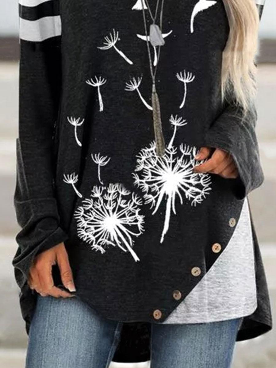 Fashion Dandelion Print Round Neck Long Sleeve Casual T-shirt