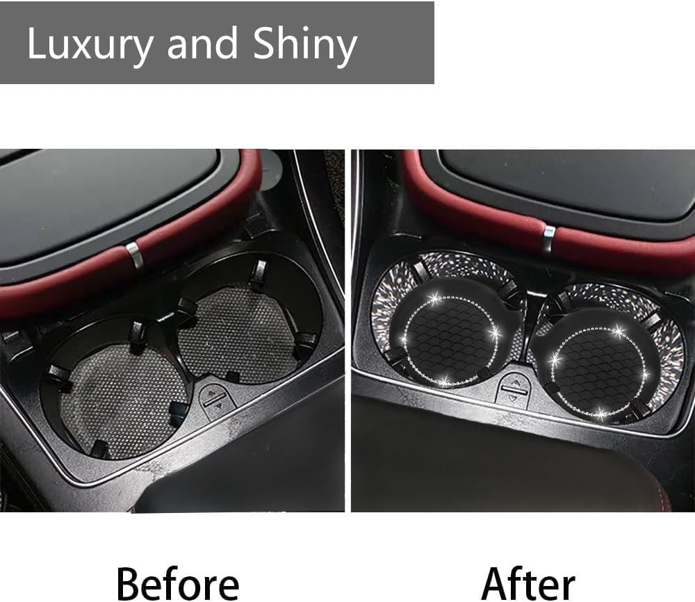 NBTEPEM 2pcs Bling Car Cup Holder Coaster, 2.75 inch Anti-Slip Shockproof Universal Fashion Car Coasters Insert Bling Crystal Rhinestone Automotive Interior Accessories for Women (2 pcs, Black)
