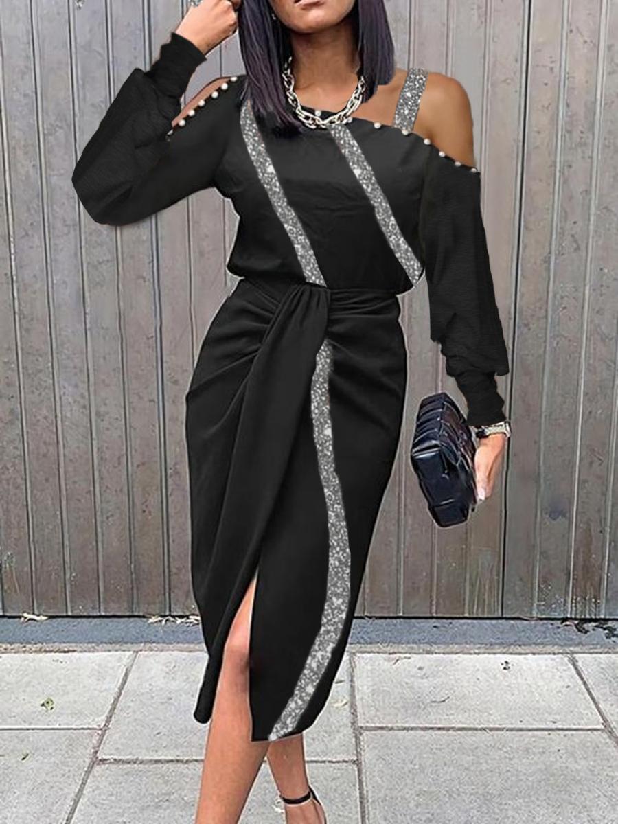 Fashion Sequin Print Off-shoulder Slit Midi Dress Women