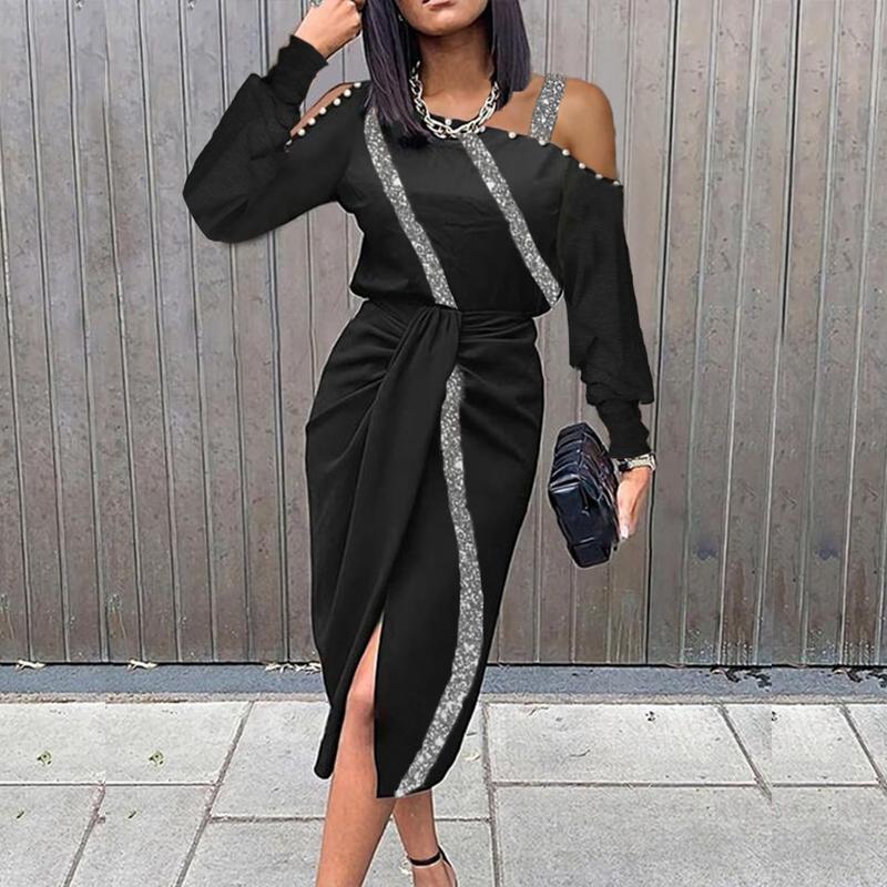 Fashion Sequin Print Off-shoulder Slit Midi Dress Women