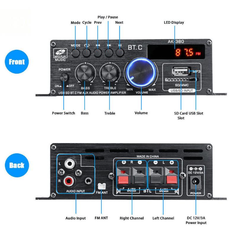 High Quality 1 Set 800W 2 Channel BT Mini HIFI Power Amplifier Audio Stereo Amp Home Car FM