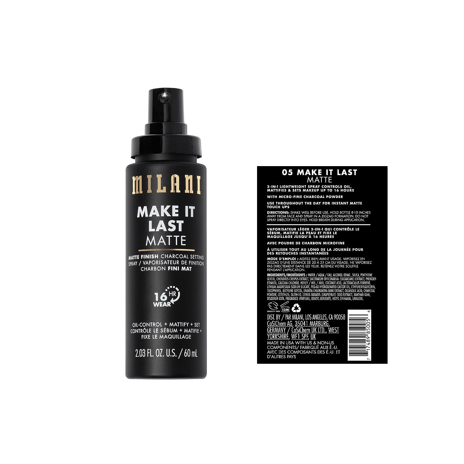 Milani Make it Last Charcoal Matte Setting Spray- Long Lasting , Cruelty-Free Makeup Primer and Finishing/Setting Spray for Oily Skin - - 2 Pack