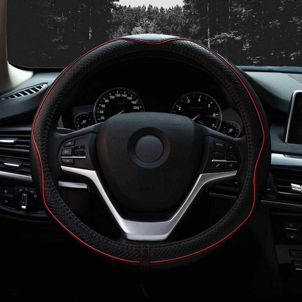 Valleycomfy Steering Wheel Covers Universal 15.75 inch - Genuine Leather, Breathable, Anti Slip &amp; Odor (Black with Red Lines, L(15" 1/2-16"))