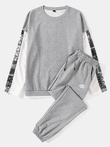 mens texture paisley print stitching sweatshirt casual pullover two pieces outfits