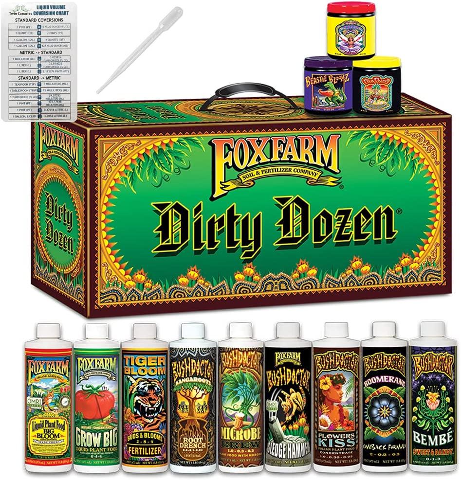 FoxFarm Dirty Dozen Starter Kit: 12 Pack Small Bundle + Twin Canaries Chart & Pipette - 9 Pints & 3 6oz