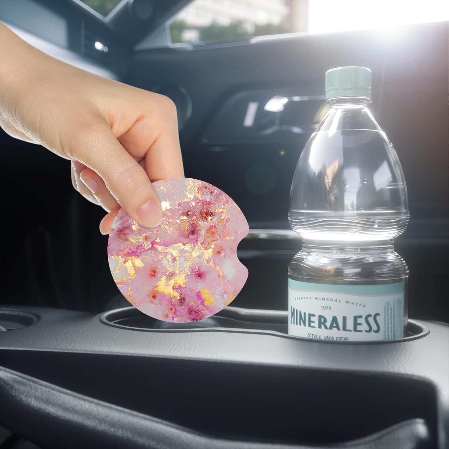 Nipichsha Car Cup Holder Coasters, 2 Pack Anti Slip Insert Coasters, Rubber Car Cup Mat with A Finger Notch, Cute Car Interior Accessories for Women Men(Gold Pink Marble)