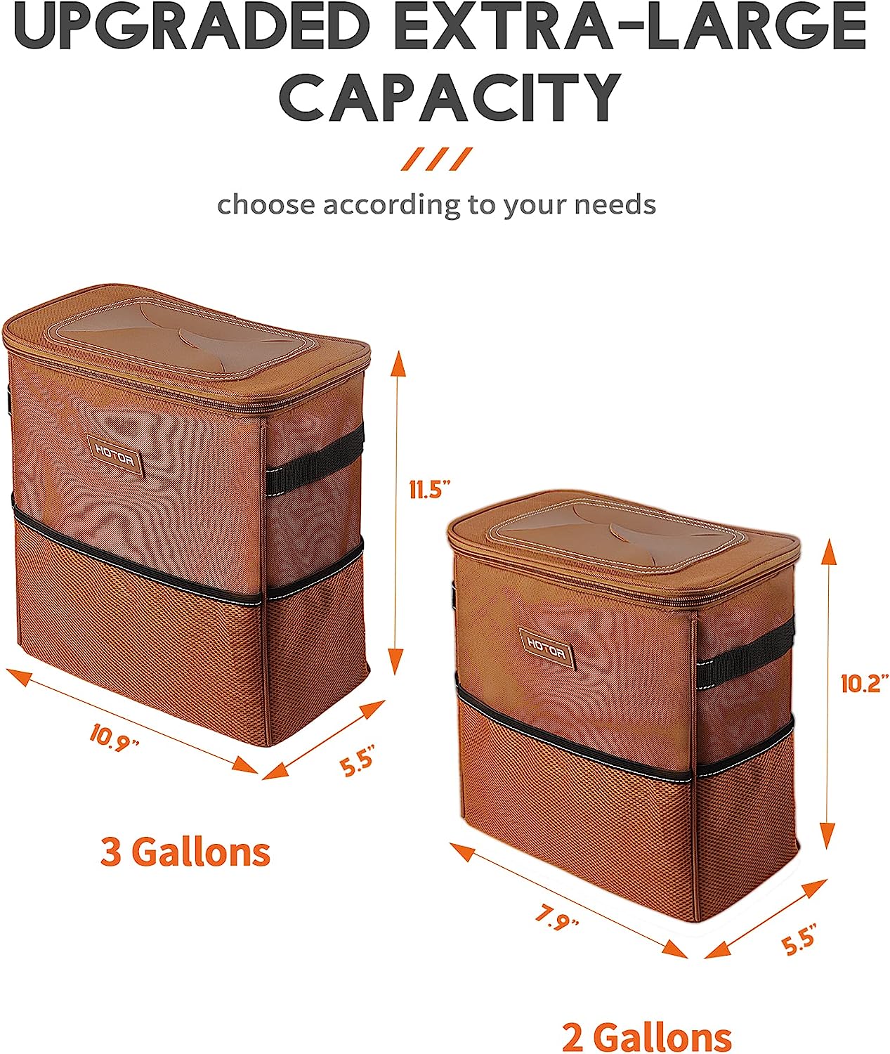HOTOR Car Trash Can, 3-Gallon Ultra-Large Car Garbage Can, 100% Leakproof &amp; Waterproof Trash Can for Car, Multipurpose Car Trash Bin with Adjustable Straps, Magnetic Buckles, Mesh Pockets (Brown)
