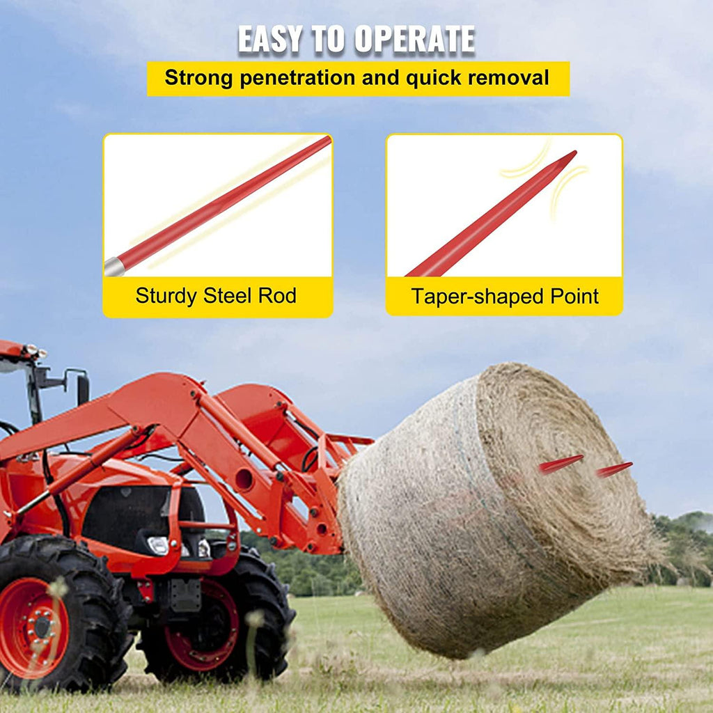 Mophorn Pair Hay Spear 49" Bale Spear 3000 lbs Capacity, Bale Spike  Attach Square Hay Bale Spears 1 3/4", Red Coated Bale Forks, Bale Hay Spike with Hex Nut & Sleeve for Buckets Tractors Loaders