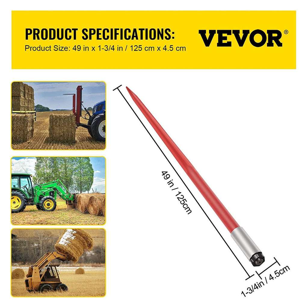 Mophorn Hay Spear 49" Bale Spear 4500 lbs Capacity, Bale Spike  Attach Square Hay Bale Spears 1 3/4" wide, Red Coated Bale Forks, Bale Hay Spike with Hex Nut & Sleeve for Buckets Tractors Loaders