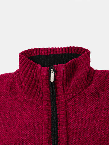 mens plain chenille knit stand collar zipper warm cardigans with pocket