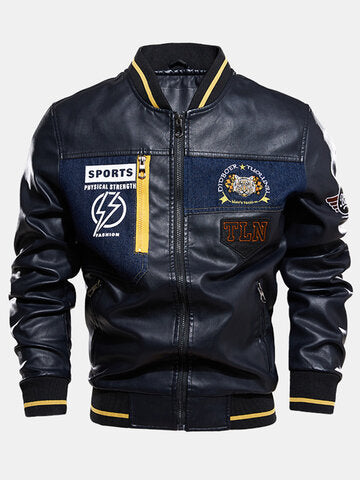 mens pu leather casual fleece lined thick varsity jacket with badges