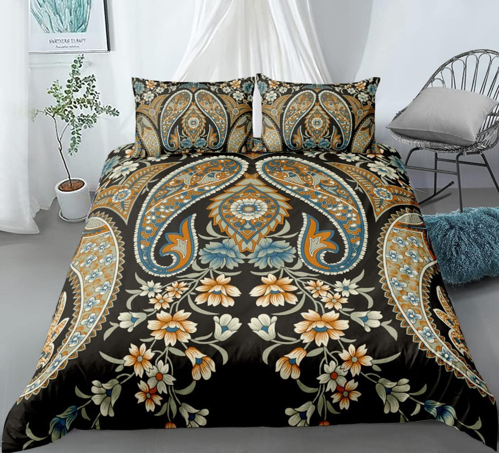CoutureBridal  Boho Floral Duvet Cover 3 Pieces Soft Microfiber Southwestern Bohemian Paisley Duvet Cover Queen Size with Zipper Corner Ties for Women Men