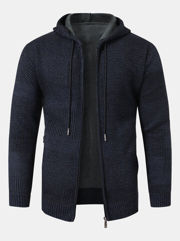 mens knitted zip front casual drawstring hooded cardigans with pocket
