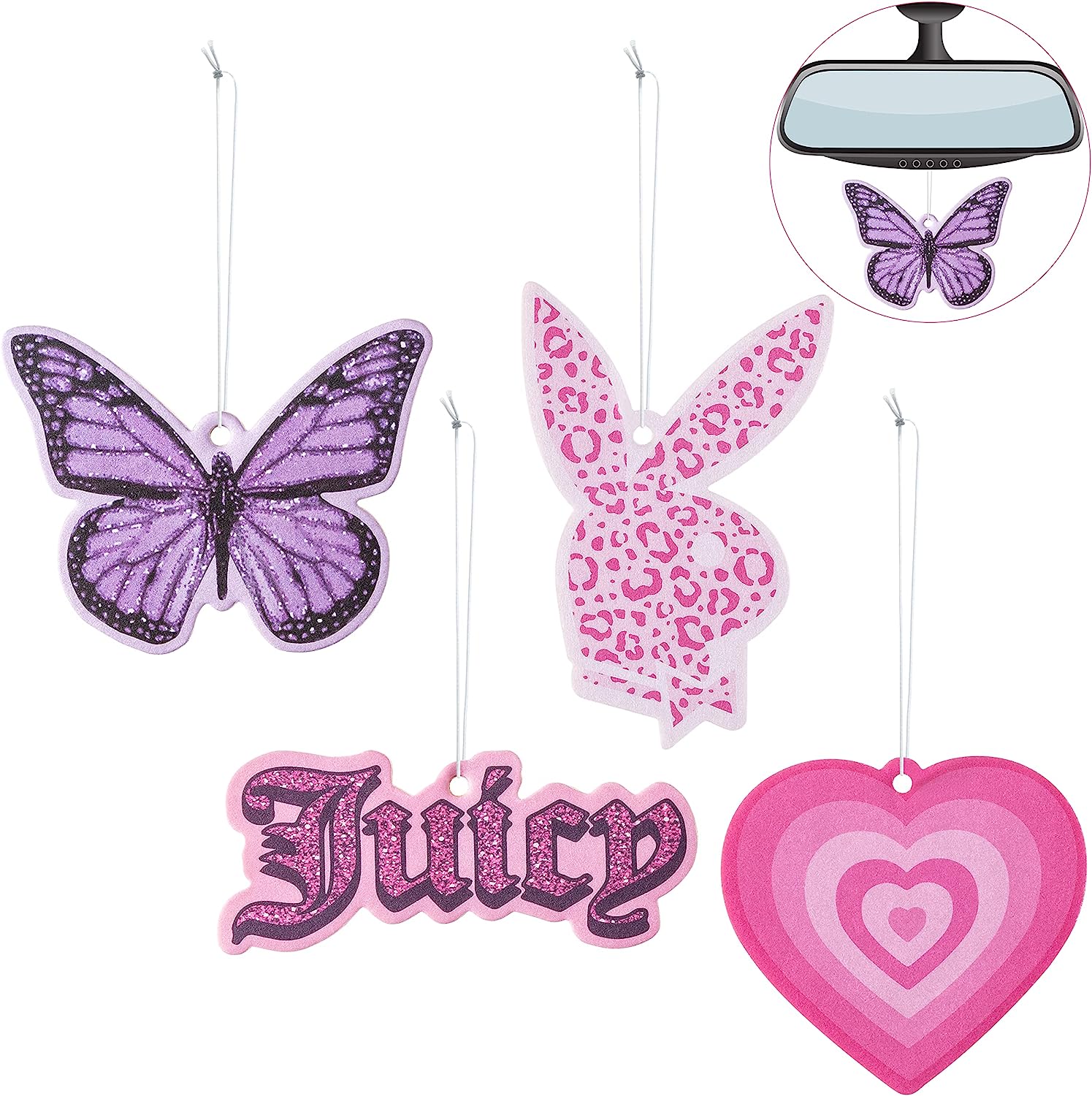 4Pcs Y2k 2000s Pink Car Air Freshener Purple Butterfly Leopard Bunny Pink Heart Fragrance Hanging Slice Car Diffuser Ornament Essential Oil Pendant Gift for Car Interior Accessories Home Decor