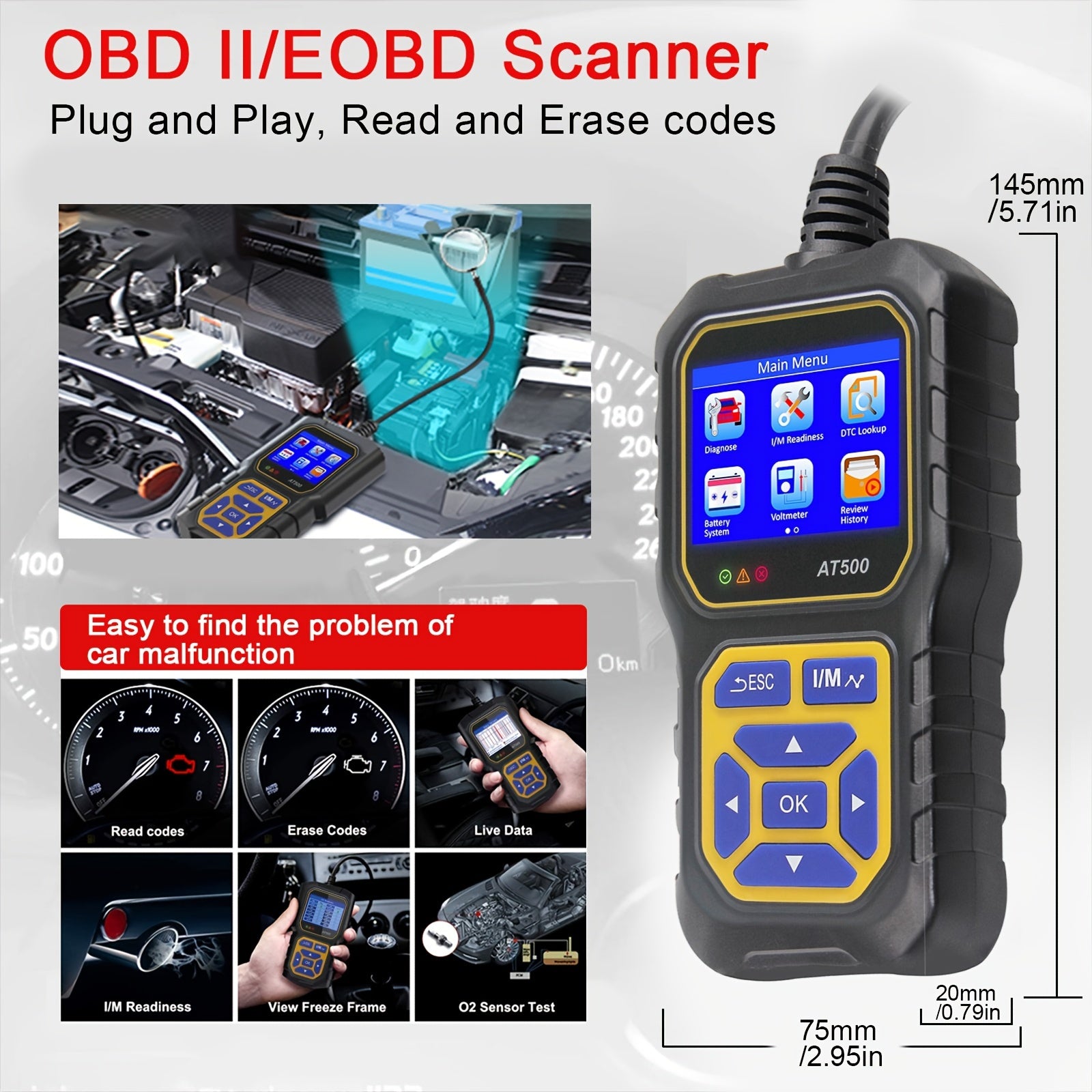 Car Code Reader, OBD2 Scanner Check Engine Light Fault Code Reader Scanner CAN Diagnostic Scan Tool For All OBDII Protocol Cars Since1996