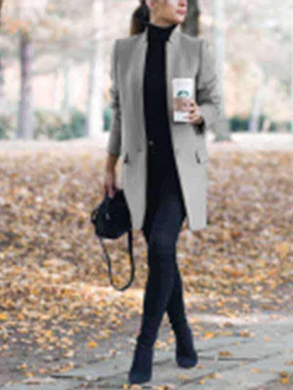 Solid Color Stand-Up Collar Pocket Coat