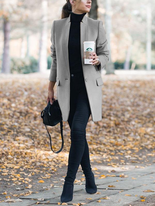 Solid Color Stand-Up Collar Pocket Coat