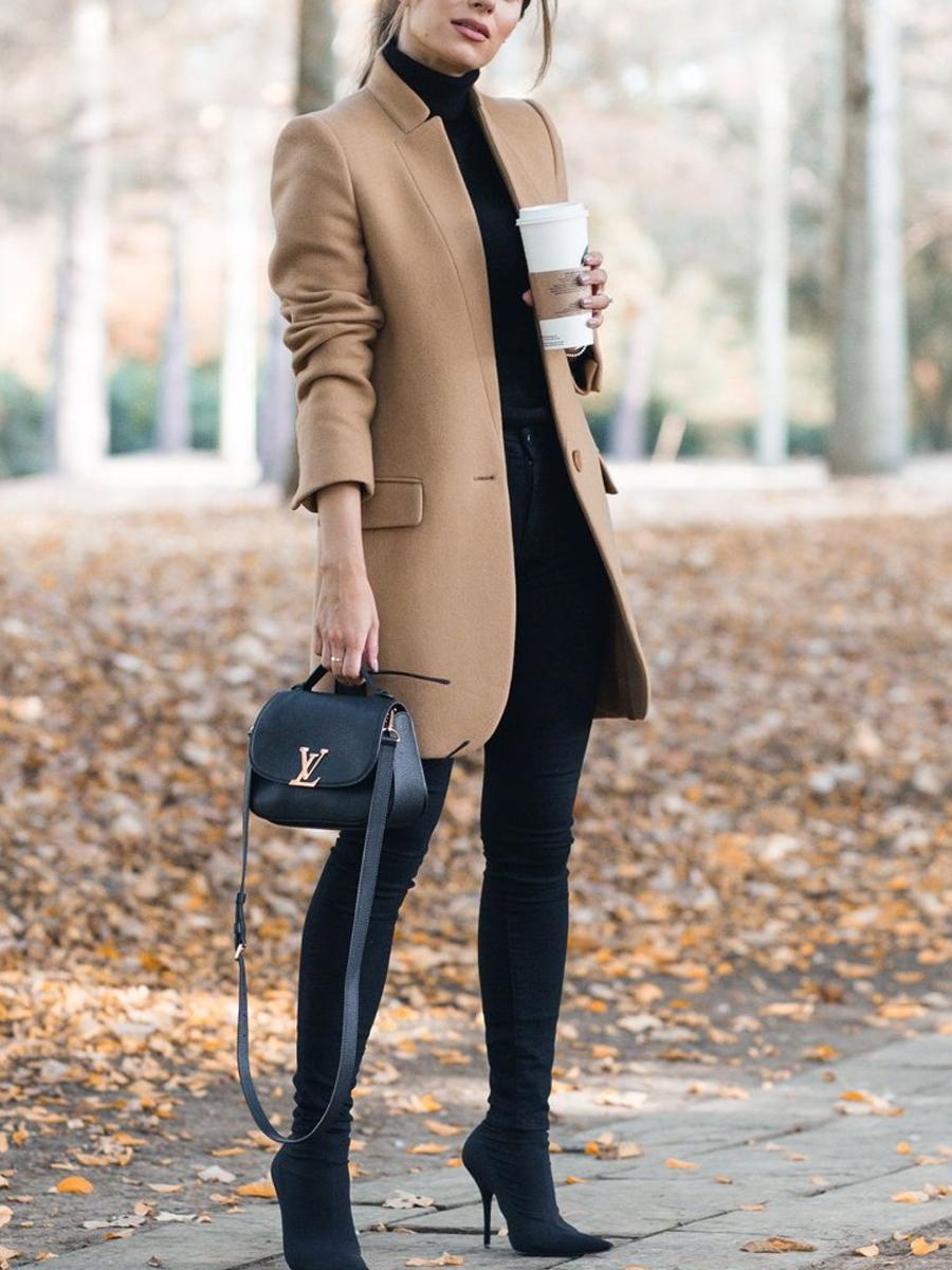 Solid Color Stand-Up Collar Pocket Coat
