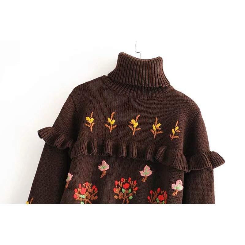 vintage ruffles turtleneck sweater embroidered