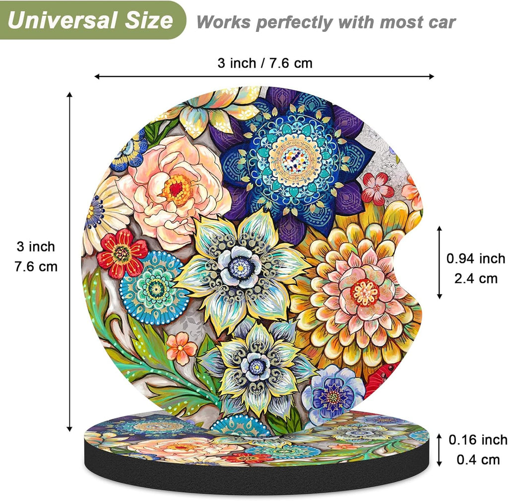 Nipichsha Car Cup Holder Coasters, Car Coasters for Cup Holders, 2 Pack Universal Anti Slip Insert Coaster, Rubber Car Cup Mat with A Finger Notch, Cute Car Interior Accessories for Women Men(Mandala)