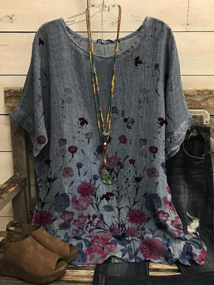 Round Neck Floral Print Short Sleeve Blouse