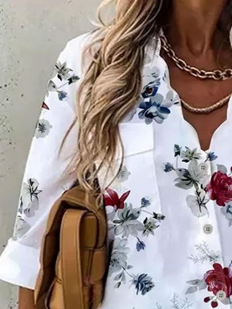 V-neck Floral Print Casual Loose Long-sleeved Blouse