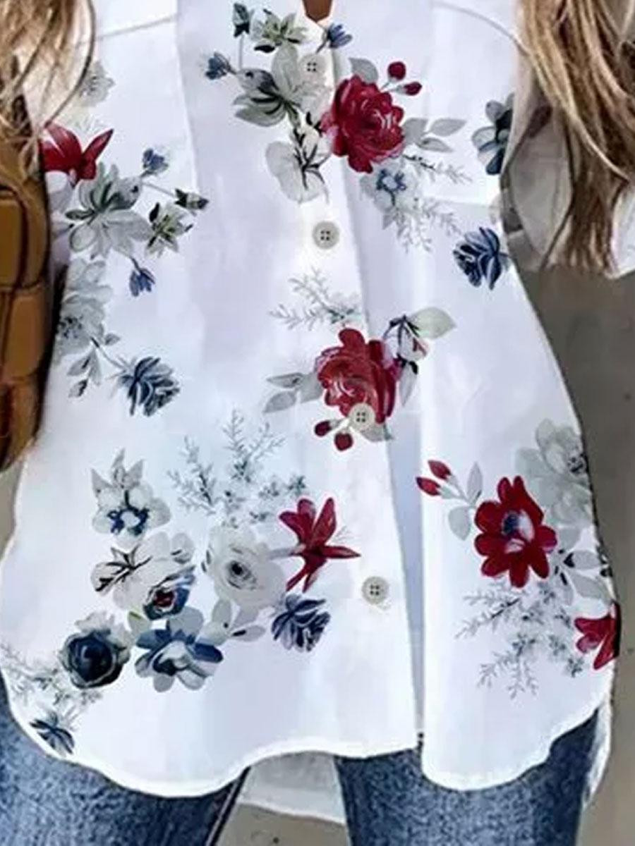 V-neck Floral Print Casual Loose Long-sleeved Blouse