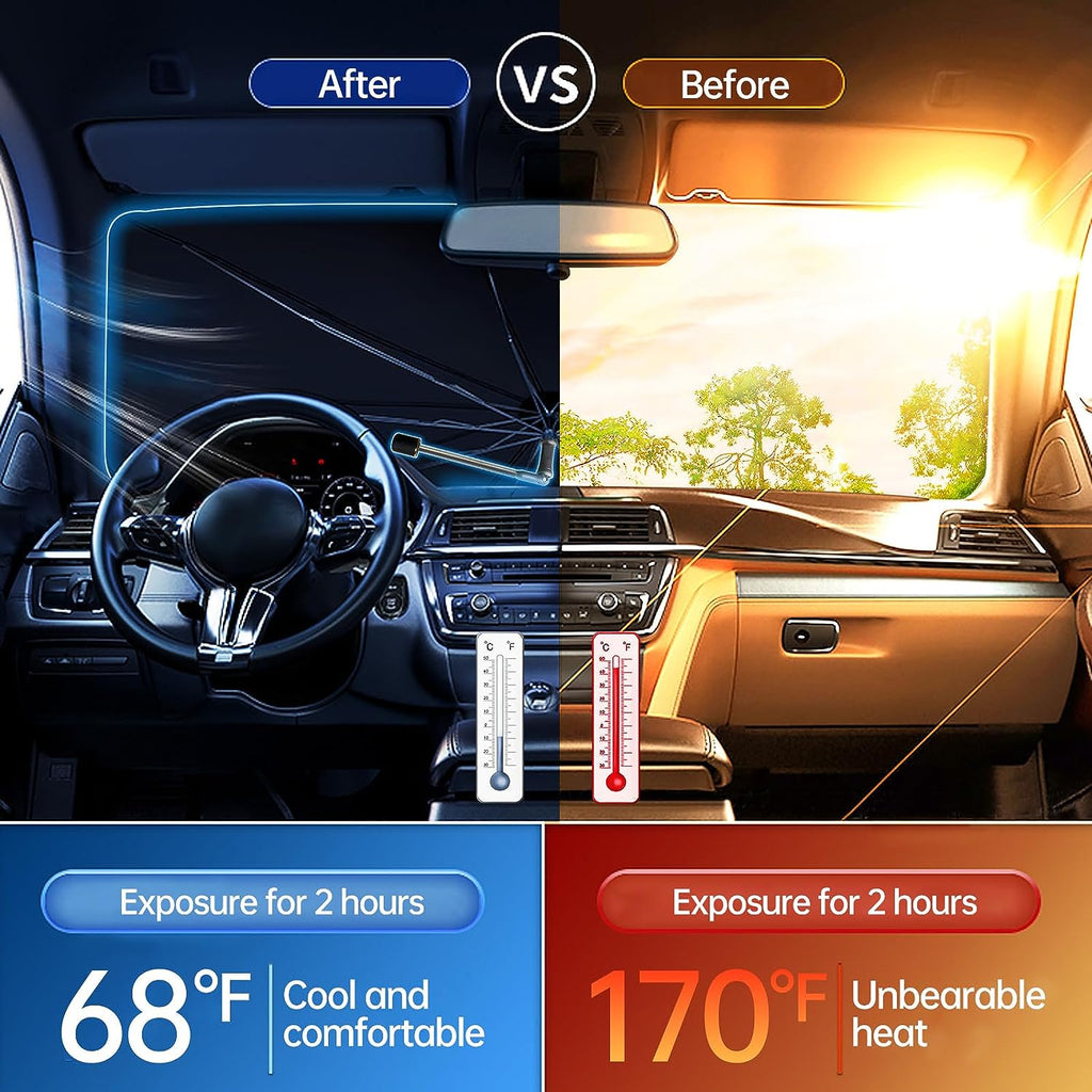 Car Windshield Sun Shade Umbrella, Upgraded Windshield Sunshades with 360° Rotation Bendable Handle, Foldable Automotive Windshield Shades, Full Cover Sun Shade for Most Vehicles