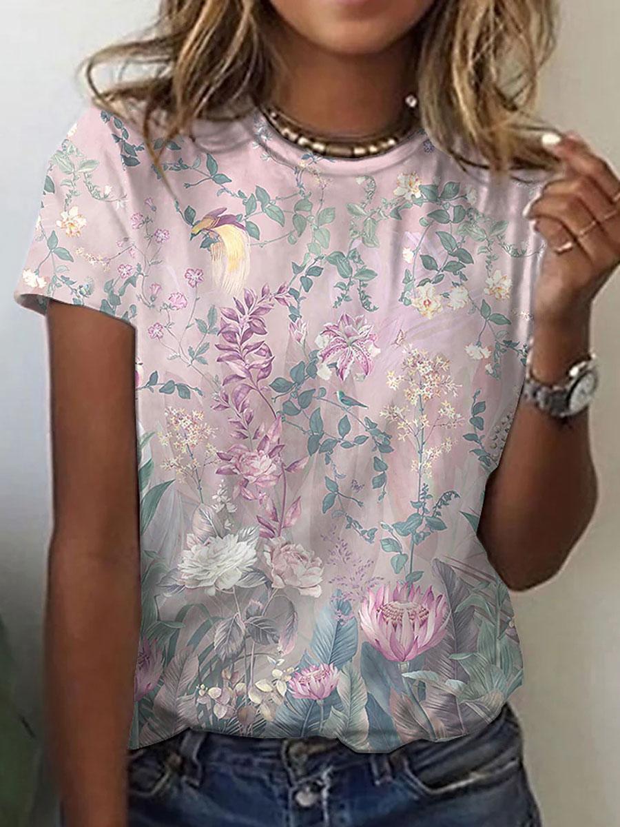 Round Neck Loose Casual Floral Print Short Sleeve T-shirt