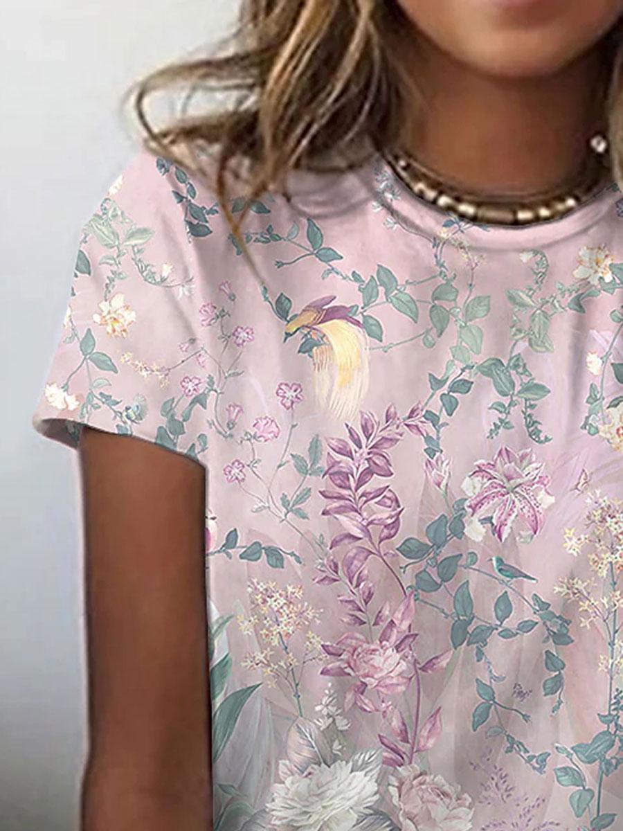 Round Neck Loose Casual Floral Print Short Sleeve T-shirt