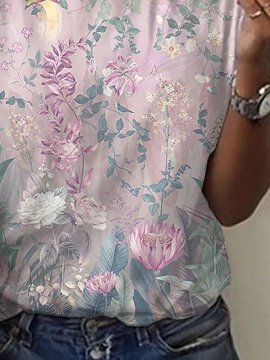 Round Neck Loose Casual Floral Print Short Sleeve T-shirt