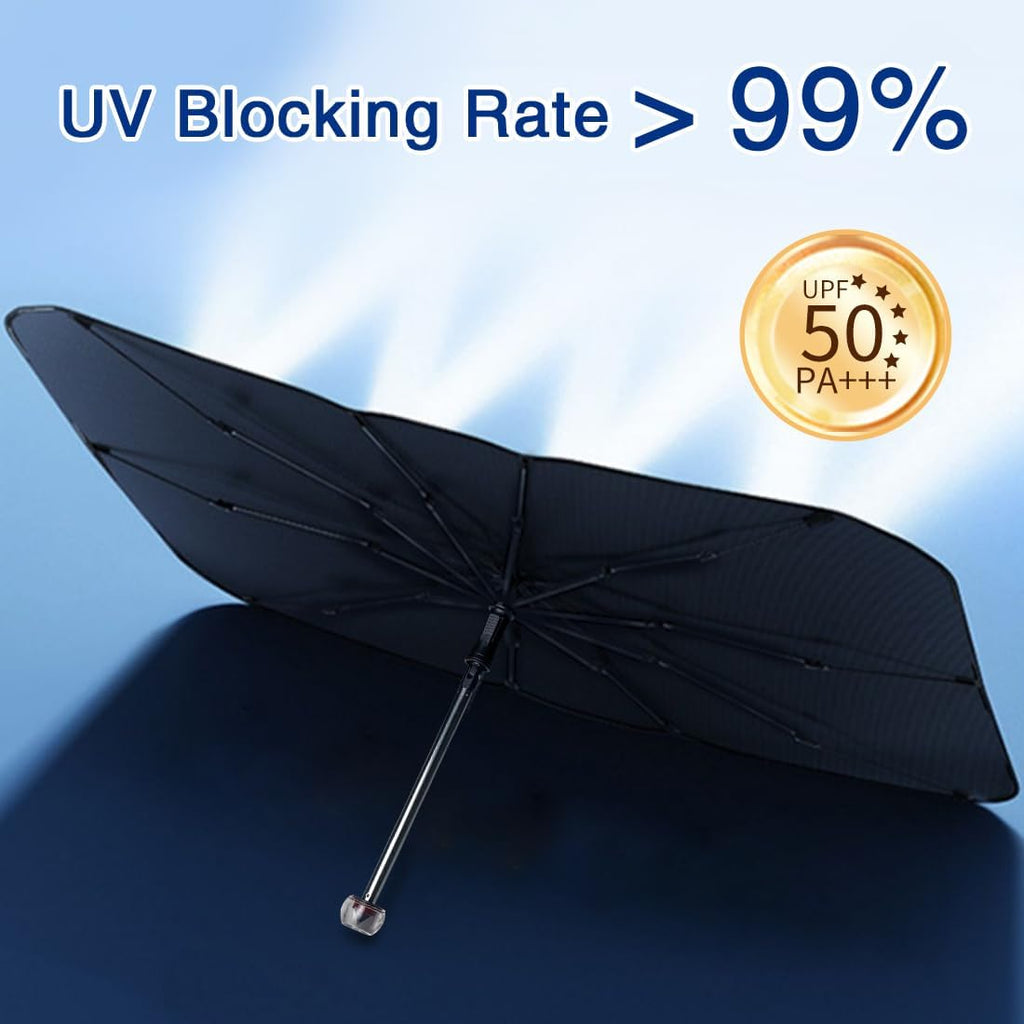 Upgraded Windshield Sun Shade, Car Sunshade with 360° Rotating Shaft, Umbrella Sun Shade Cover with Window Breaker, Suitable for Sedan, SUV, Pickup（Blue Sky）