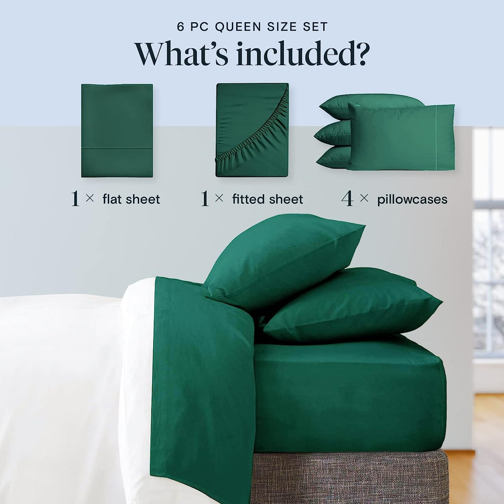 LuxClub 6 PC Queen Sheet Set Bamboo Sheets Deep Pockets 18" Eco Friendly Wrinkle Free Cooling Sheets Machine Washable Hotel Bedding Silky Soft - Emerald Queen
