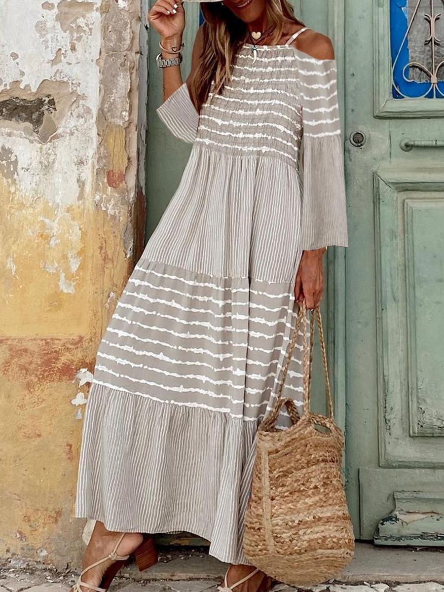 Fashion Stripe Print Off-shoulder Maxi Dress Women